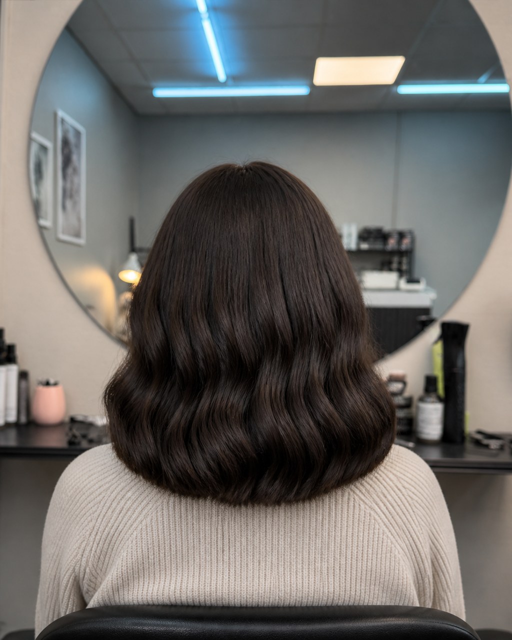 Mörkt hår efter damklippning och styling med mjuka vågor